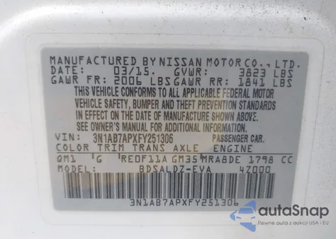 2015 Nissan Sentra Fe+ S/S/Sl/Sr/Sv из США, поврежденный, VIN 3N1AB7APXFY251306